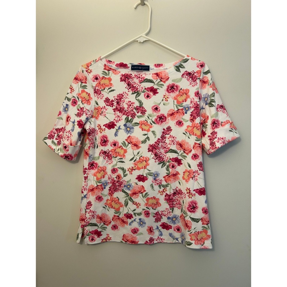 Karen Scott pink floral top blouse Women's M